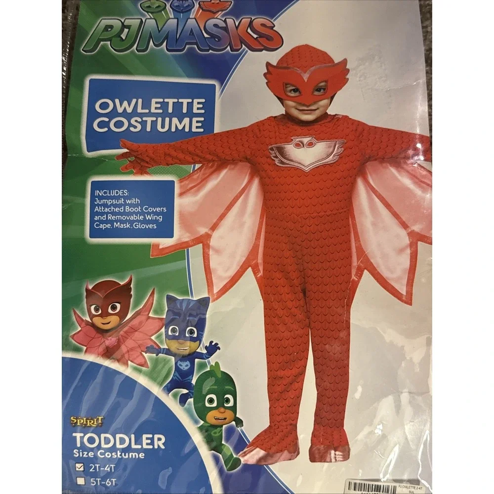 PJMasks Owlette Costume 2T-4T Child Red Long Sleeve Jumpsuit, Gloves And Cape